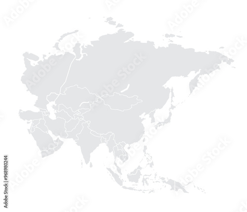 Illustration of a Colored map of Asia.Asia map on white background. East Asia template with continents.Grey blank Asia map.vector grey isolated on white background. Flat Earth, Globe world map icon.