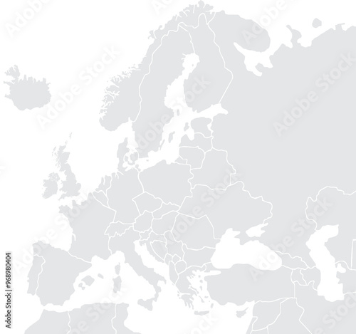 Illustration of a Colored map of Europe.Europe map on white background. Europe template with continents, North and South America, Europe and Asia, Africa and Australia.Grey blank Europe map.