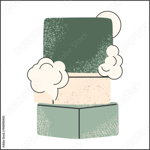 Stack of Natural Handmade Soap Bars with bubble. Body cleansing cosmetic. Vector isolated transparent background