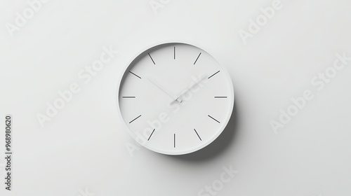 A white clock with black hands on a white wall.