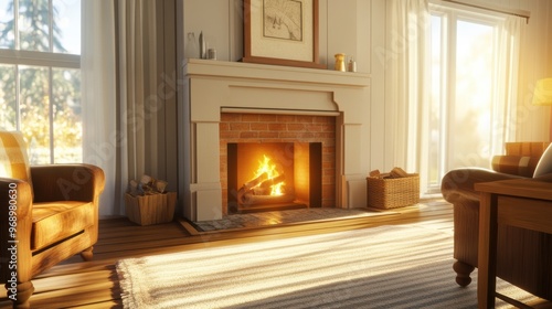 A living room with a fireplace and chairs in front of it, AI