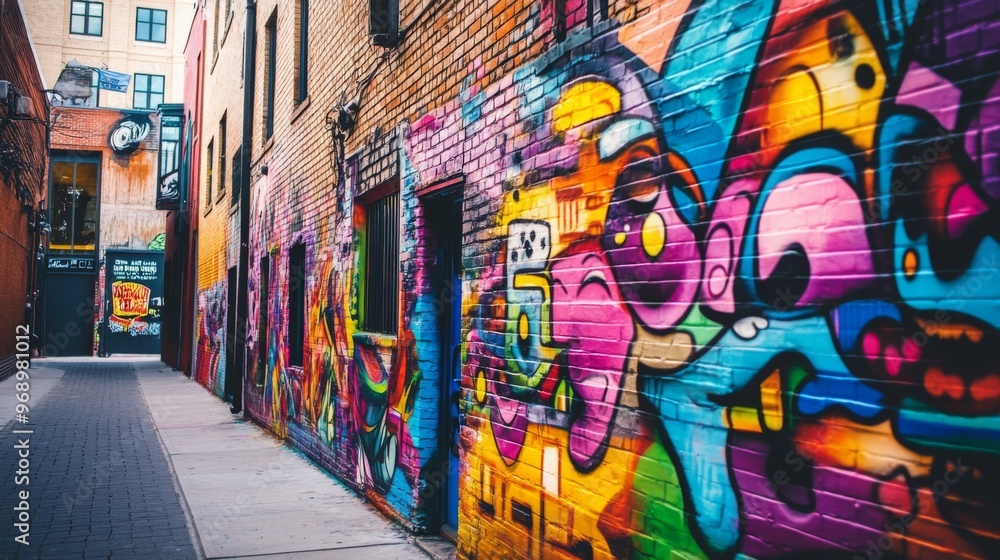 A colorful graffiti alleyway with brick walls and a narrow walkway. A colorful graffiti alleyway with brick walls and a narrow walkway.