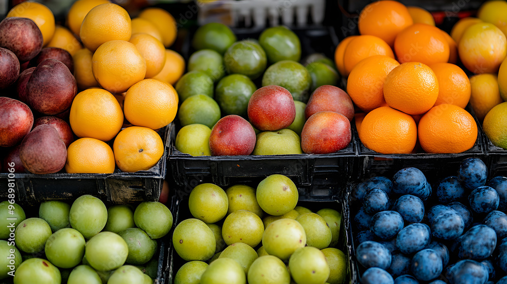 A vibrant collection of fruit in a market stall bursting with color. A vibrant collection of fruit in a market stall bursting with color.