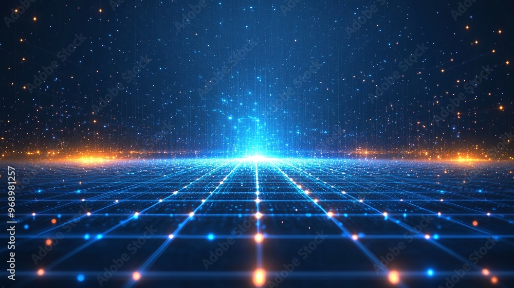 A futuristic digital landscape with glowing grid lines and scattered particles, evoking a sense of depth and technology. A futuristic digital landscape with glowing grid lines and scattered particles, evoking a sense of depth and technology.