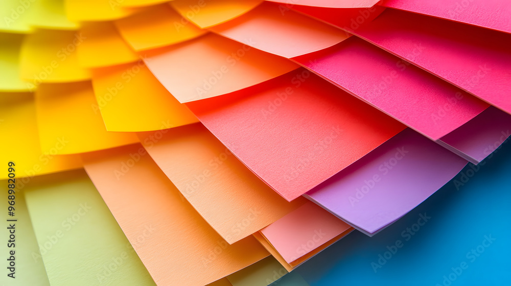 Obraz premium A vibrant stack of multicolored sticky notes arranged in a fan shape.