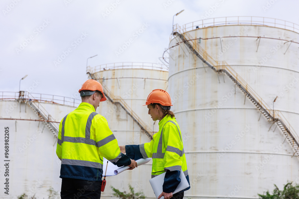 Engineer survey team wear uniform and helmet stand workplace checking blueprint project talk and meet plan work oil storage tank backgrounds. Engineer survey team wear uniform and helmet stand workplace checking blueprint project talk and meet plan work oil storage tank backgrounds.