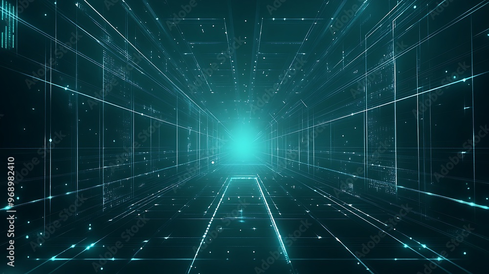 A futuristic digital tunnel illuminated by glowing teal light, representing advanced technology and virtual reality. A futuristic digital tunnel illuminated by glowing teal light, representing advanced technology and virtual reality.