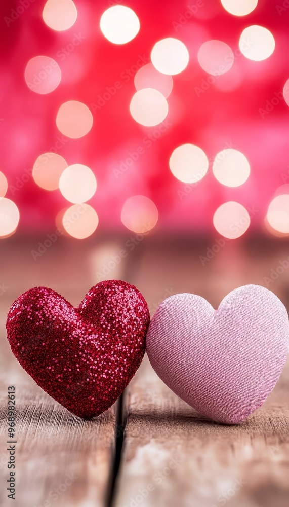 Two Glitter Hearts Against a Sparkling Red Background, Valentines Day Greeting Card, Romance Symbol Two Glitter Hearts Against a Sparkling Red Background, Valentines Day Greeting Card, Romance Symbol