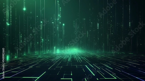 A futuristic landscape with glowing green lines representing digital data flow in a virtual environment.