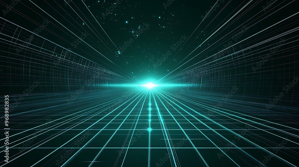 A futuristic perspective of light beams converging towards a glowing point in a grid-like space, perfect for sci-fi themes. A futuristic perspective of light beams converging towards a glowing point in a grid-like space, perfect for sci-fi themes.