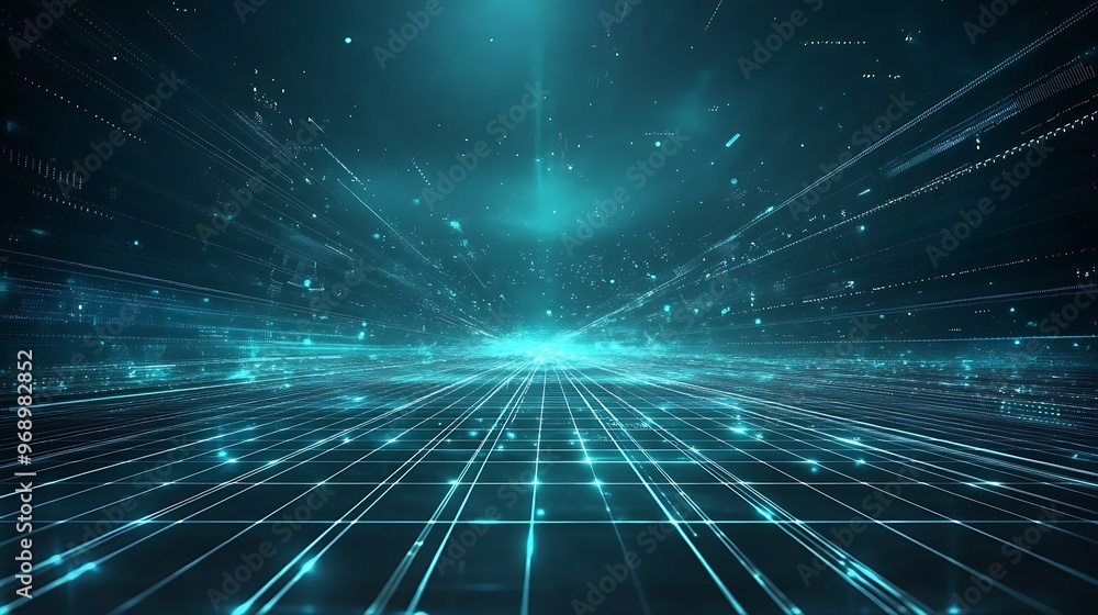 Obraz premium A futuristic perspective on a digital landscape with glowing lines and particles, perfect for technology and innovation themes.