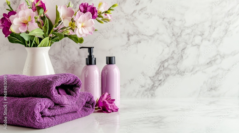Purple bathrobes are displayed in a stylish bathroom with marble countertops and fresh flowers Purple bathrobes are displayed in a stylish bathroom with marble countertops and fresh flowers