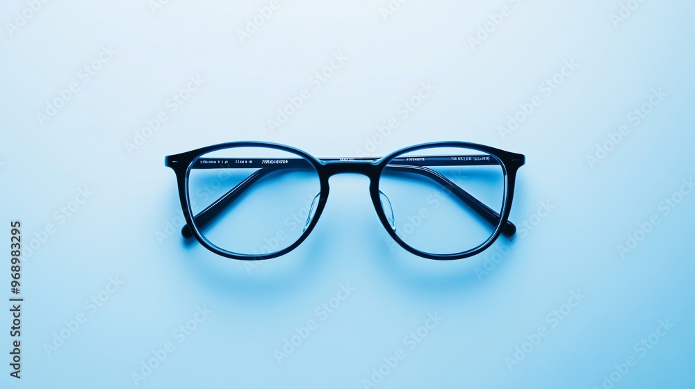 A pair of black framed round glasses on a blue background. A pair of black framed round glasses on a blue background.