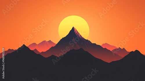 A mountain range silhouetted against a vibrant orange sunset.
