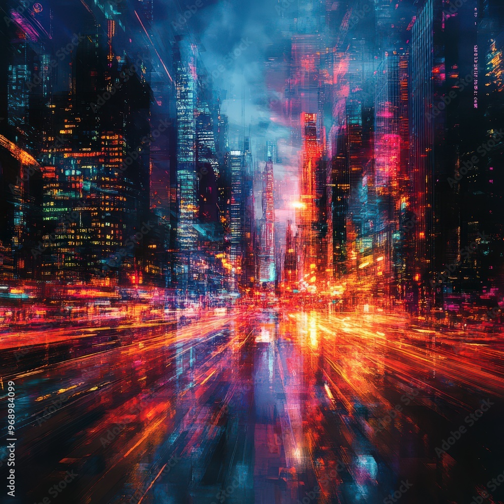 Abstract vibrant city skyline with dynamic lights and energy Abstract vibrant city skyline with dynamic lights and energy