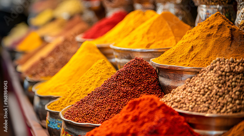 A vibrant street market stall filled with spices in various colors. photo