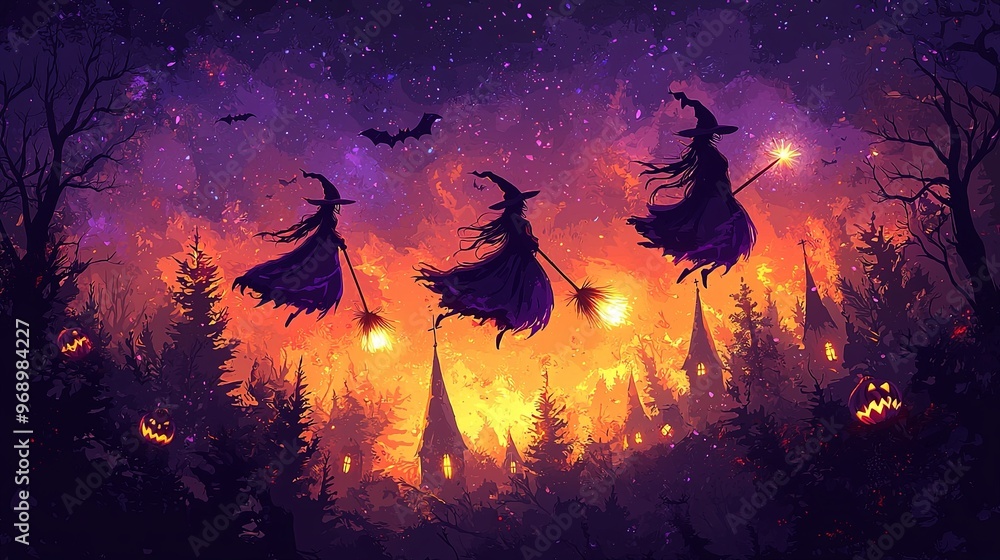 Three witches hold glowing brooms as they fly through an eerie forest sky, surrounded by silhouetted treetops under a vivid orange night sky. Three witches hold glowing brooms as they fly through an eerie forest sky, surrounded by silhouetted treetops under a vivid orange night sky.