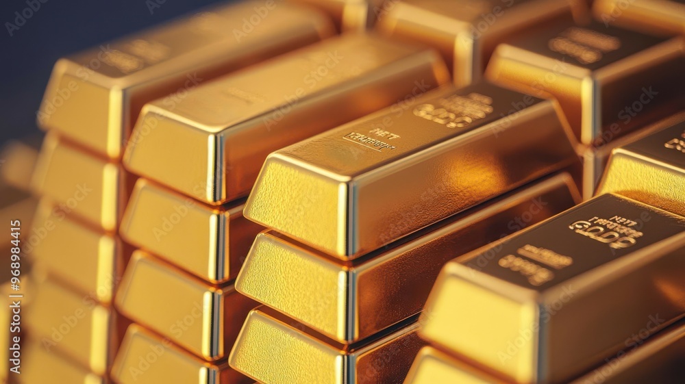 Gold bars neatly stacked in a luxury display case at a high-end jewelry store, Gold retail, luxury market, precious metals Gold bars neatly stacked in a luxury display case at a high-end jewelry store, Gold retail, luxury market, precious metals