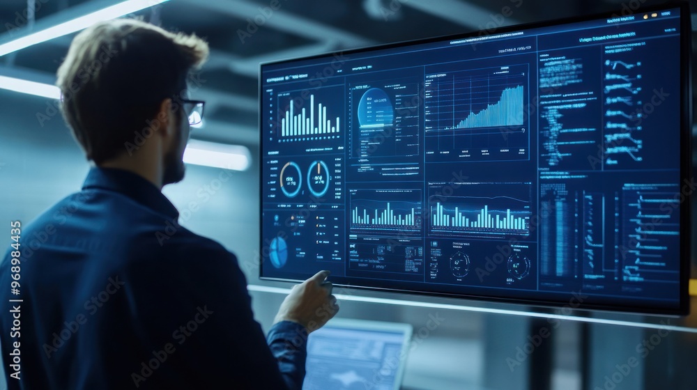 Businessman Analyzing Data on a Large Monitor