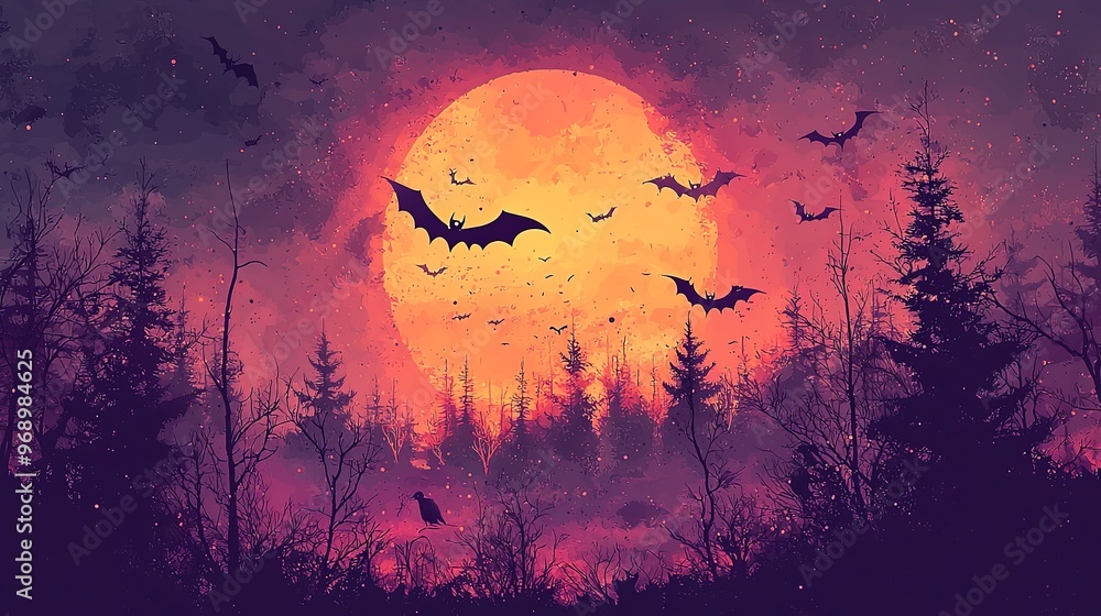 A lonely crow and numerous bats fly beneath a glowing orange full moon in an eerie, mist-shrouded forest, evoking a haunting Halloween ambiance. A lonely crow and numerous bats fly beneath a glowing orange full moon in an eerie, mist-shrouded forest, evoking a haunting Halloween ambiance.