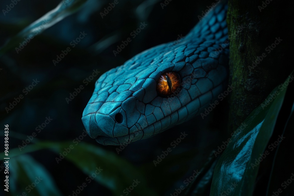 Fototapeta premium Featuring snake fangs glinting in the darkness, adding mystery and danger to a deep, shadowy forest