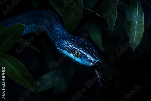 In this scene, snake fangs gleam in the darkness as the fangs of a hidden snake intrude on the forest.