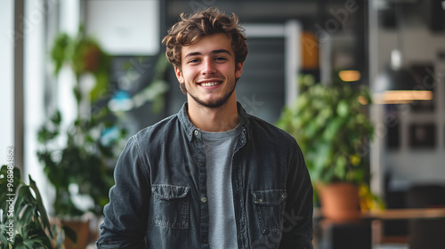 A young entrepreneur standing in front of a successful startup smiling confidently.