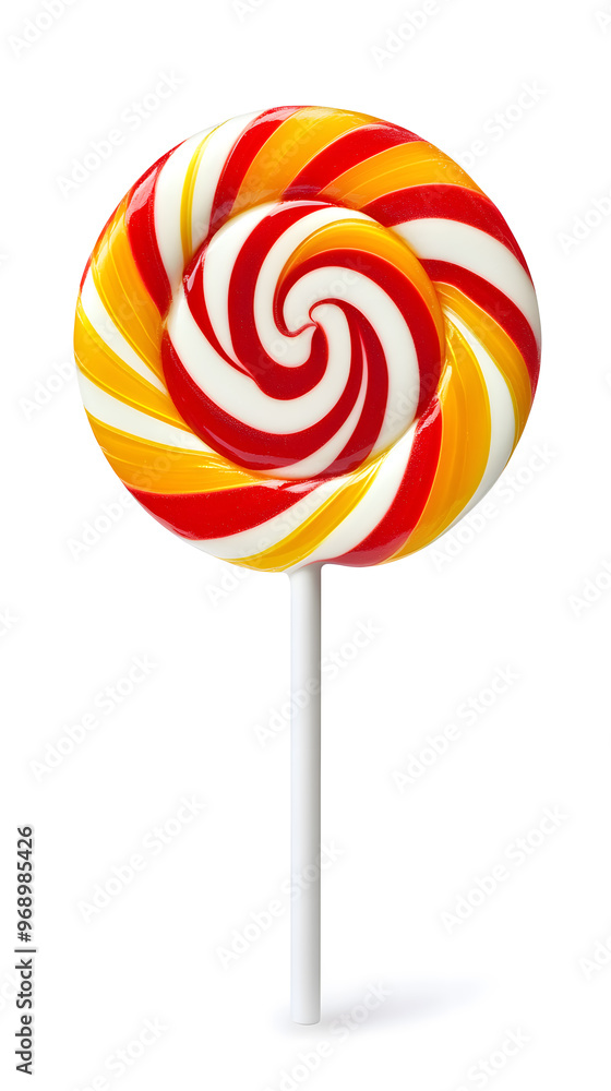 Lollipop with spiral rainbow colors, twisted sucker candy on stick isolated on white background Lollipop with spiral rainbow colors, twisted sucker candy on stick isolated on white background