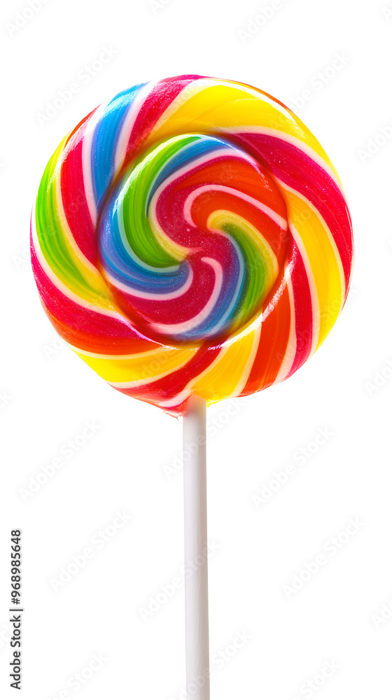 Lollipop with spiral rainbow colors, twisted sucker candy on stick isolated on white background Lollipop with spiral rainbow colors, twisted sucker candy on stick isolated on white background
