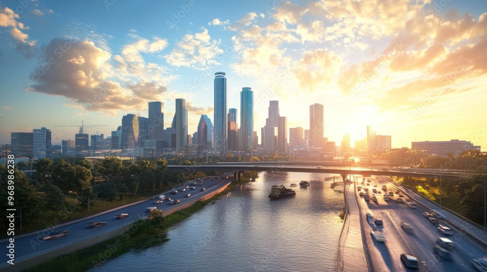 Sunset View of a City Skyline with a River and Highway Sunset View of a City Skyline with a River and Highway