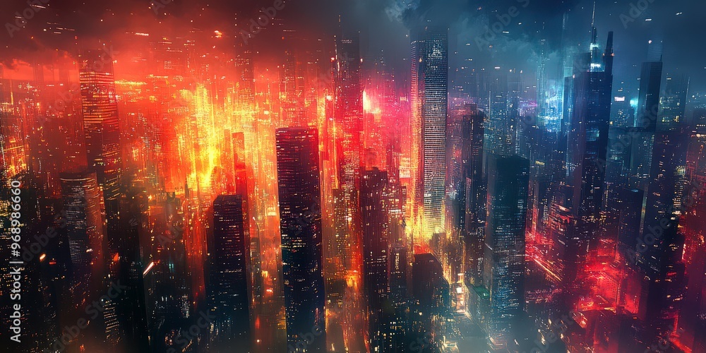 Fototapeta premium Abstract vibrant city skyline with dynamic lights and energy