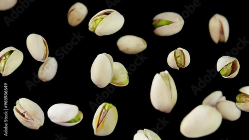 Green pistachios are bounce on a black background in slow motion. High quality 4k footage