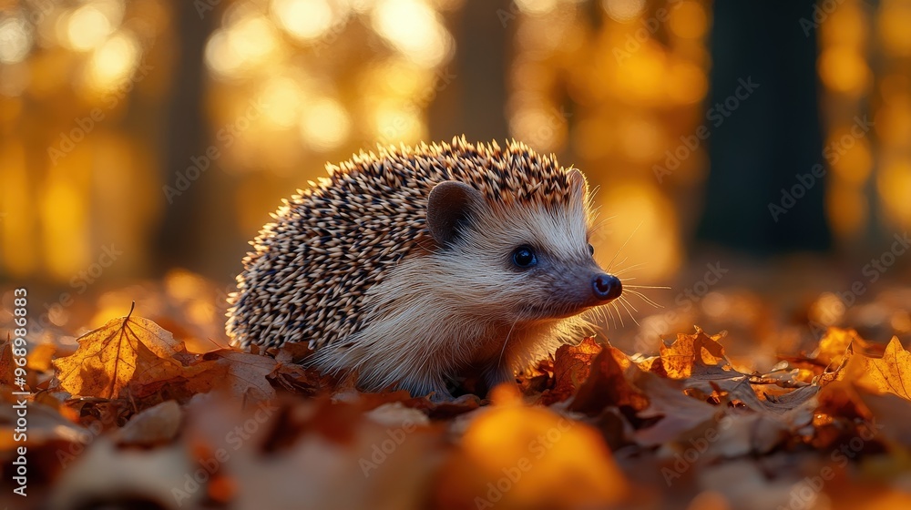 Cute hedgehog sitting on autumn leaves in a forest, bathed in warm sunset light, capturing the essence of fall season. Cute hedgehog sitting on autumn leaves in a forest, bathed in warm sunset light, capturing the essence of fall season.