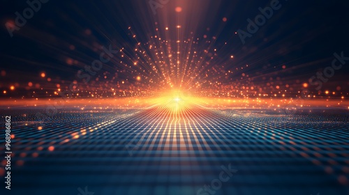 A mesmerizing digital landscape featuring a radiant burst of light and sparkling particles on a grid background.