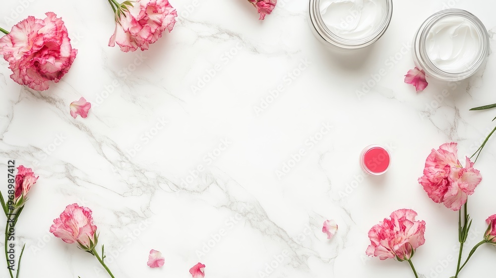 Skin care, beauty, SPA concept. White marble background with pink flower petals. Flat lay, top view, copy area.