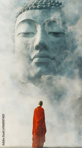 A serene scene where a monk in a vivid red robe stands with their back to the viewer, gazing up at a colossal, ethereal Buddha face that seems to form out of mist and smoke