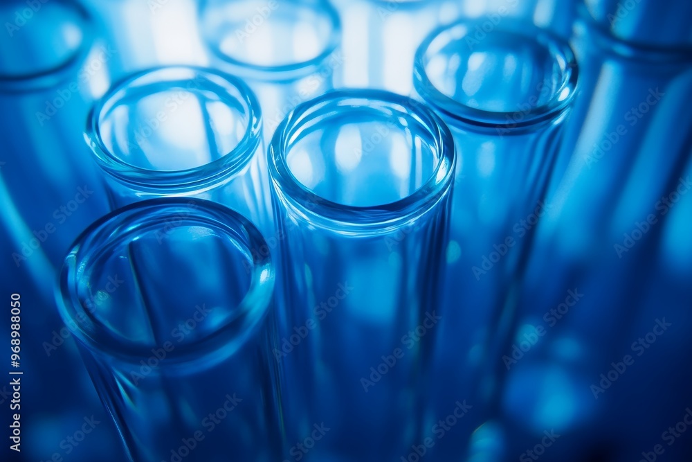 A scientific research concept with test tubes filled with flowers in a blue tone. A scientific research concept with test tubes filled with flowers in a blue tone.