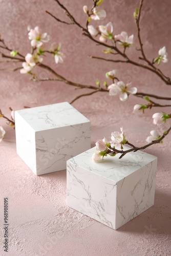 A pastel pink and white stone marble display set with white flowers will be used as a product background