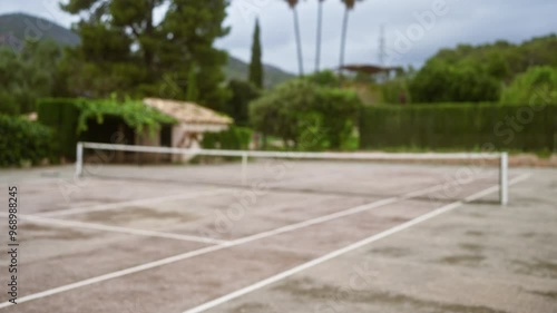 Wallpaper Mural Blurred tennis court with defocused foliage and trees in the background, creating a serene and quiet sports setting under a cloudy sky. Torontodigital.ca
