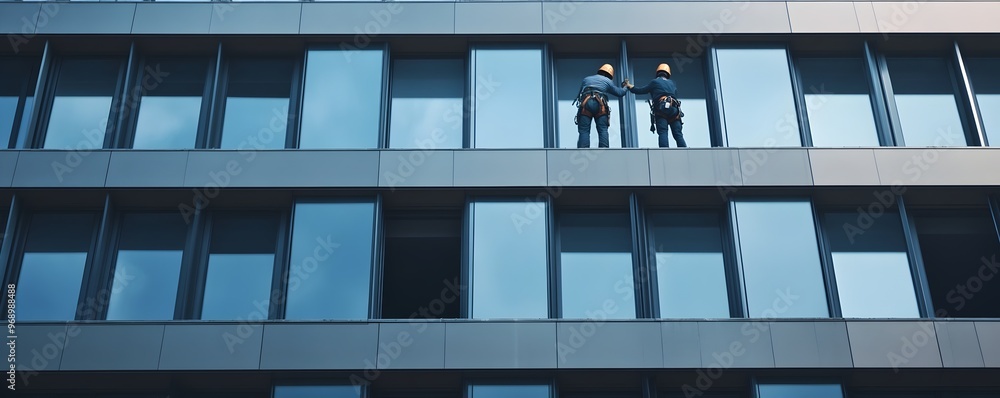 Workers Inspecting Window Alignment on Skyscraper Construction Site Workers Inspecting Window Alignment on Skyscraper Construction Site