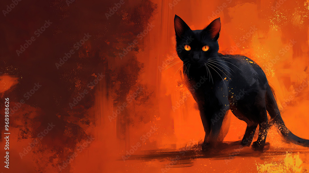 Horizontal AI illustration black cat with glowing eyes against fiery orange backdrop. Horizontal AI illustration black cat with glowing eyes against fiery orange backdrop.