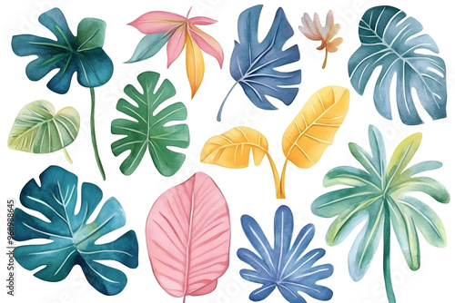 Set of tropical colorful hand drawn watercolor leaves isolate don white	