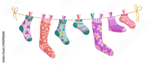 Clothesline socks. Socks on a rope, Baby socks with patterns vector cartoon.
