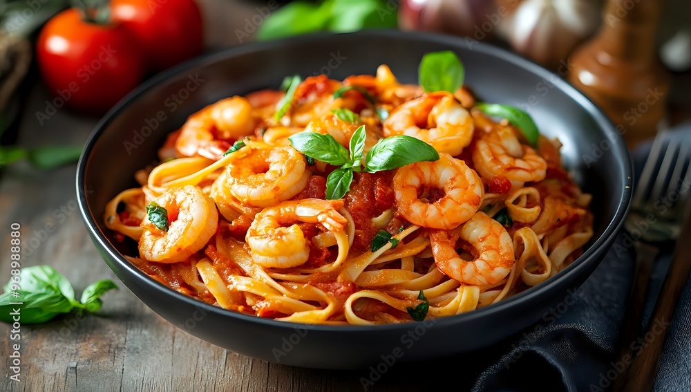 Close up of a bowl of pasta with shrimp and tomato sauce, garnished with basil leaves. Close up of a bowl of pasta with shrimp and tomato sauce, garnished with basil leaves.