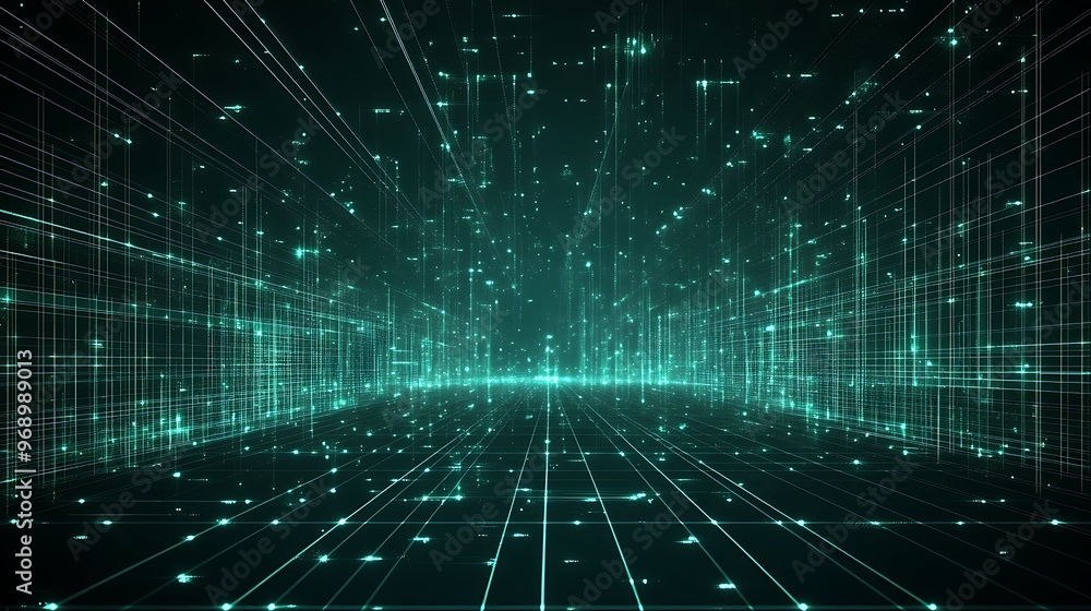 Obraz premium A mesmerizing digital landscape with glowing lines and particles, creating a futuristic and technological atmosphere.