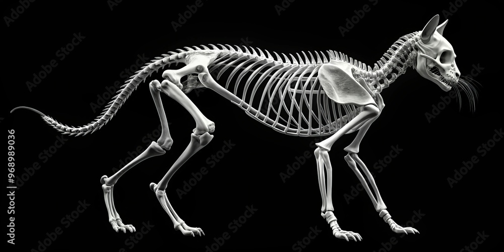 Fototapeta premium Whisker tipped skull contains frontal bone, parietal bones, occipital bone, and zygomatic bones, connected to facial bones and spine.