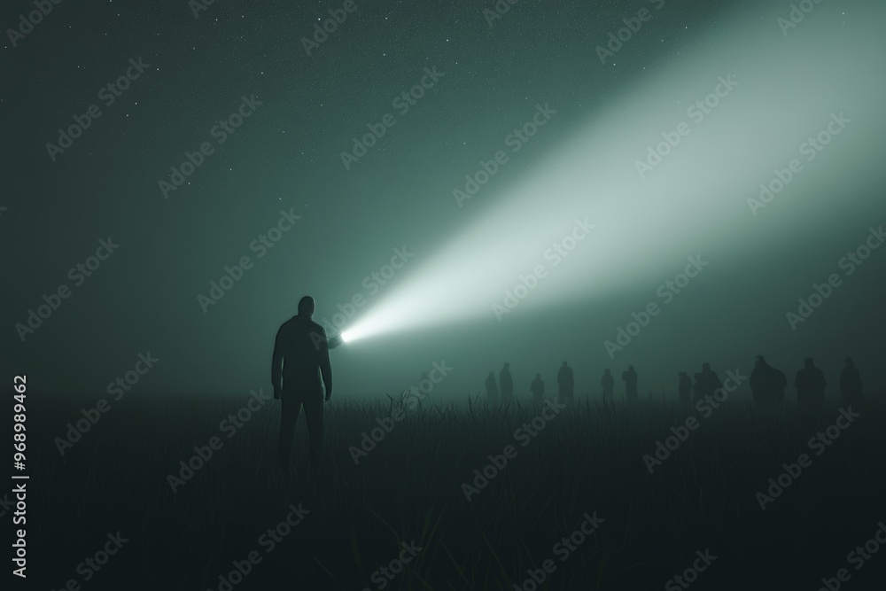 Fototapeta premium Foggy night backlighting on a man and light behind him