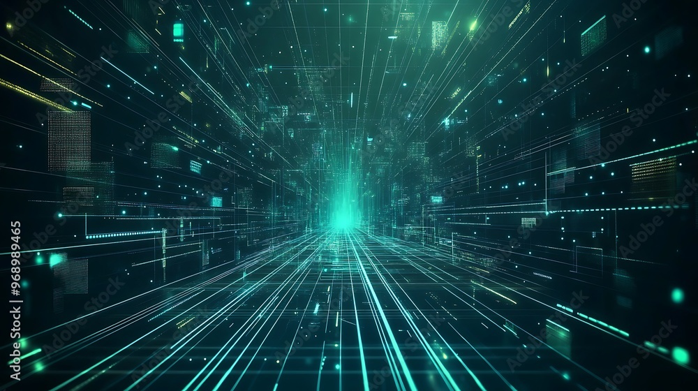 A mesmerizing digital landscape with vibrant lines and glowing particles creating a sense of depth and motion. A mesmerizing digital landscape with vibrant lines and glowing particles creating a sense of depth and motion.