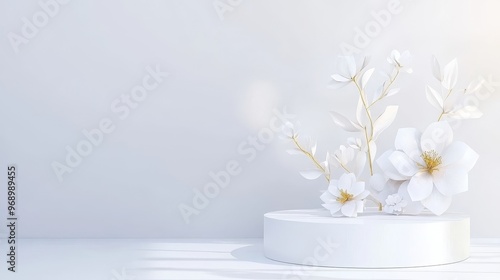 White background with floral arch and marble pedestals empty. Blank showcase decorated with paper flowers for product presentation.