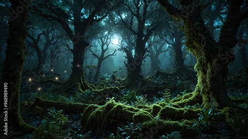 A mystical forest with bioluminescent flora casting an ethereal glow. Magical creatures like fairies and unicorns roam among the ancient trees, which are covered in glowing moss and intertwined vines.